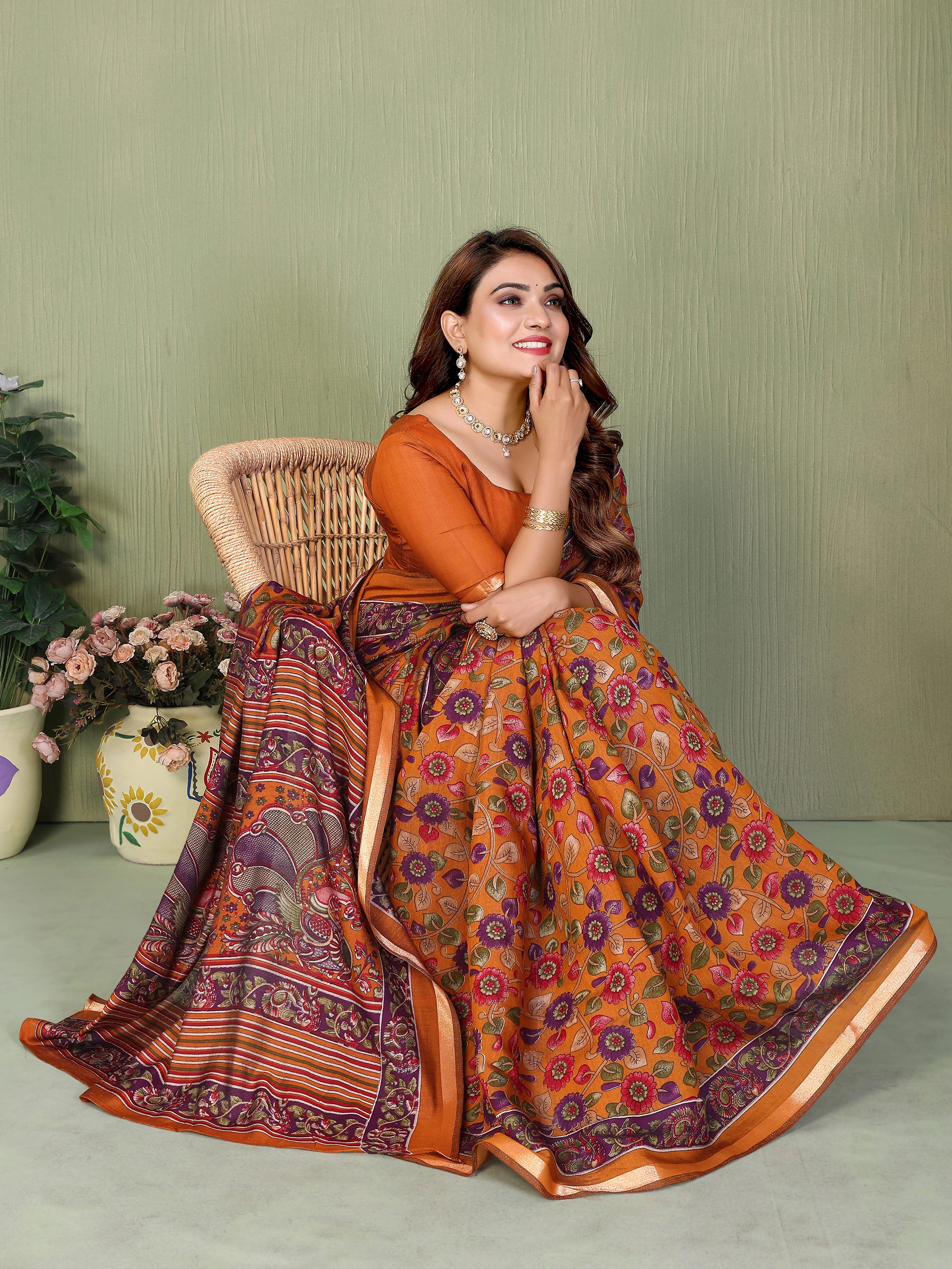 Orange Kalamkari Print Mul Cotton Saree – Kalyanja